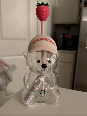 Starbucks Clear Bear Tumbler with Pink Cap, Pink Straw, and Red Strawberry Charm